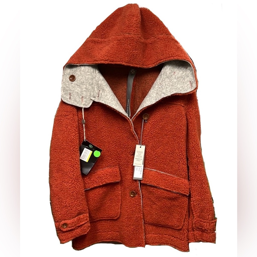 Swiss Chriss orange unlined teddy sherpa button down hooded jacket made in Italy